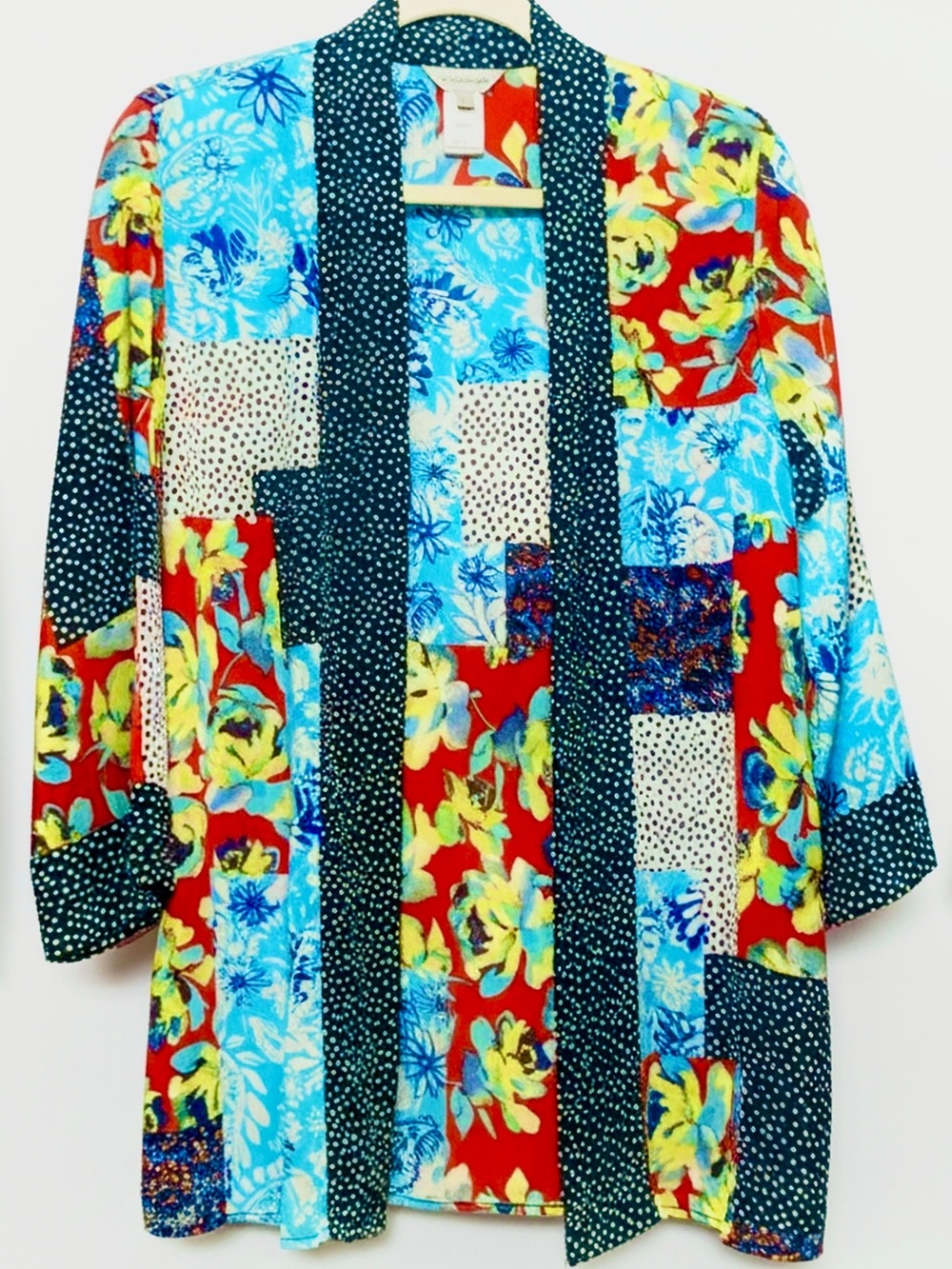 Multiples Patchwork Floral Polka Dot Mixed Print Kimono Jacket Topper - Size M